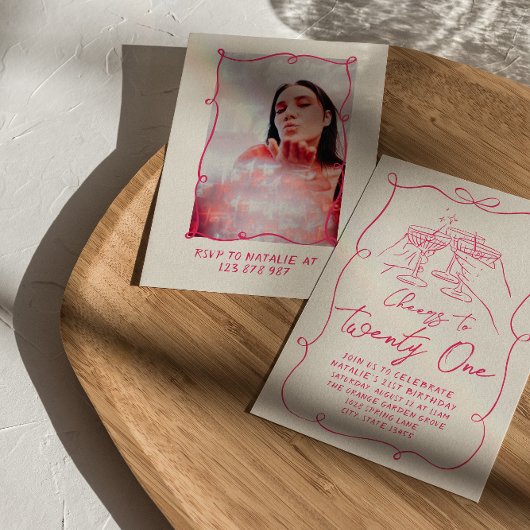 手描きピンクボウ21stフォトバースデーパーティー 招待状