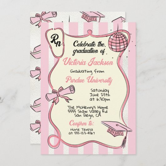 手描きピンクメディカルRNディスコボール卒業 招待状 (正面/裏面)