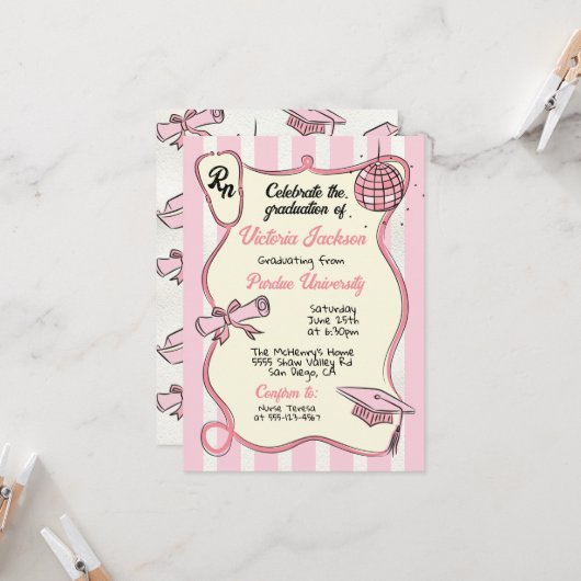 手描きピンクメディカルRNディスコボール卒業 招待状 (正面/裏面インサイチュ)