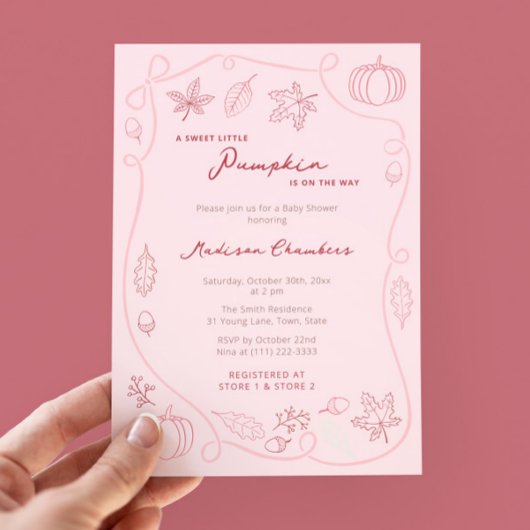 手描きピンクリトルカボチャ赤ちゃん女の子シャワー 招待状