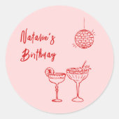 手描きピンクレッドカクテルグラス誕生日 ラウンドシール (正面)