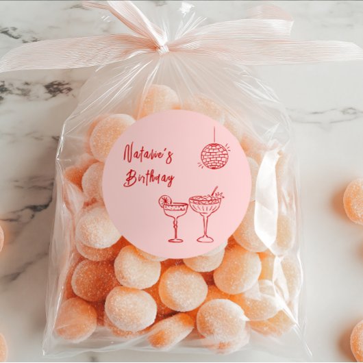 手描きピンクレッドカクテルグラス誕生日 ラウンドシール