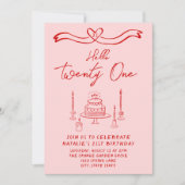 手描きピンクレッドケーキこんにちは21誕生日 招待状 (正面)