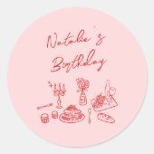 手描きピンクレッドテーブルウェア誕生日ディナー ラウンドシール (正面)
