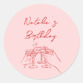 手描きピンクレッドマルチニグラスバースデーパーティー ラウンドシール (正面)