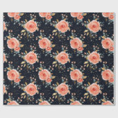 手描きピンクローズ、ネイビー&金ゴールドエレガントフローラ ラッピングペーパー (フラット)