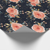 手描きピンクローズ、ネイビー&金ゴールドエレガントフローラ ラッピングペーパー (角)