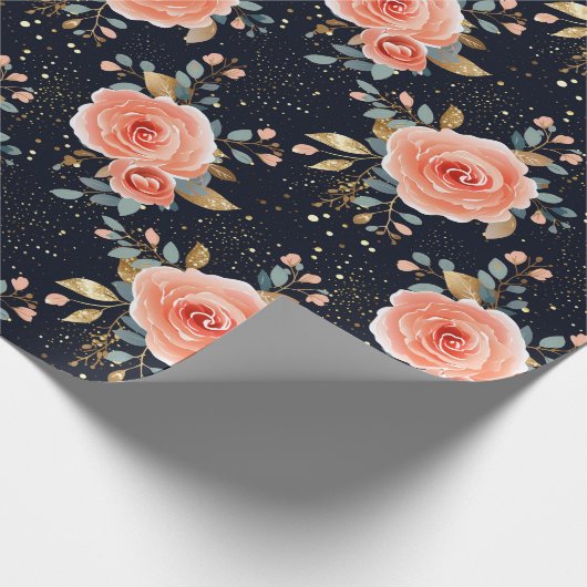 手描きピンクローズ、ネイビー&金ゴールドエレガントフローラ ラッピングペーパー (角)