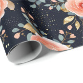 手描きピンクローズ、ネイビー&金ゴールドエレガントフローラ ラッピングペーパー (ロールコーナー)
