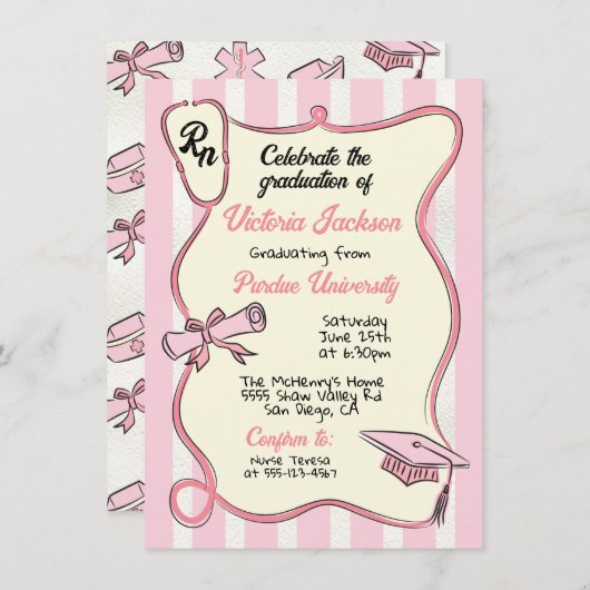 手描きピンク医療RNナース卒業 招待状 (正面/裏面)
