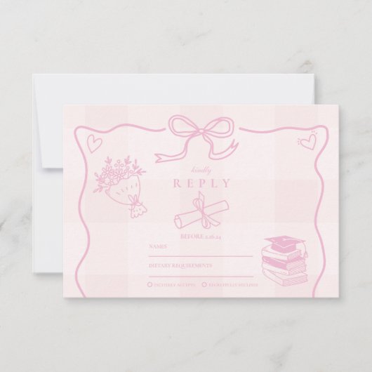 手描きピンク図解入りの、写真付きのの格子状卒業 出欠カード (正面)