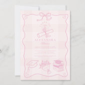 手描きピンク図解入りの、写真付きのの格子状卒業 招待状 (正面)