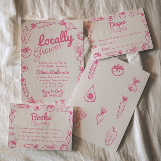 手描きピンク地元で育った女の子の赤ちゃんシャワー 招待状