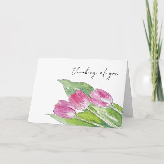 手描きピンク春チューリップスケッチグリーティングカード サンキューカード (正面)
