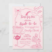 手描きピンク時間でお茶ブライダルシャワー 招待状 (正面)