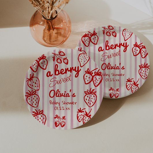 手描きピンク赤いちご赤ちゃんシャワー ペーパープレート