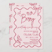 手描きピンク赤いちご赤ちゃんシャワー 招待状 (正面/裏面)