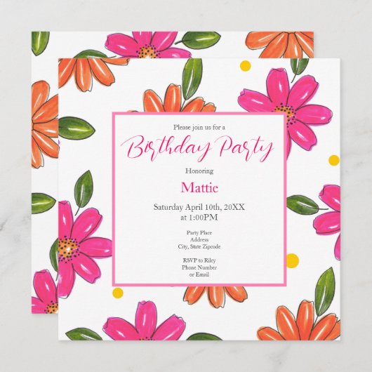 手描きピンク、オレンジ色の花 招待状 (正面/裏面)