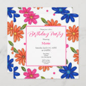 手描きピンク、オレンジ、青い花 招待状 (正面/裏面)