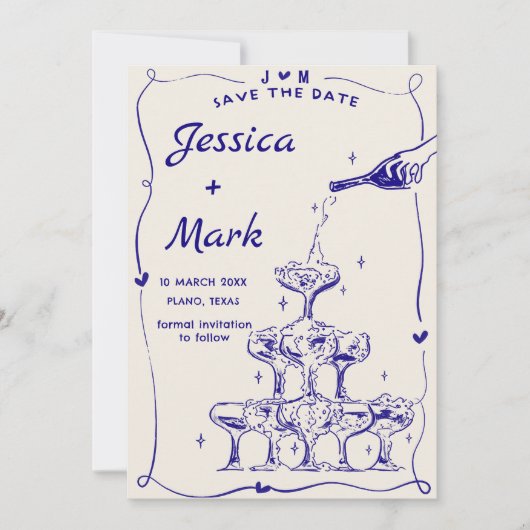 手描きファンキーシャンパンウェディング日付を保存 招待状 (正面)