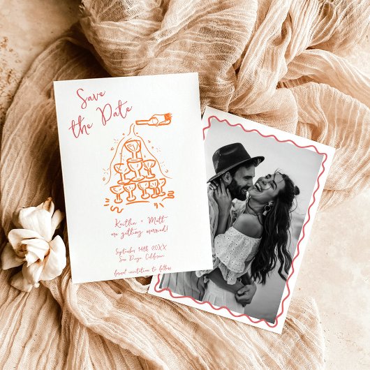 手描きファンキーシャンパンタワー日付を保存 招待状