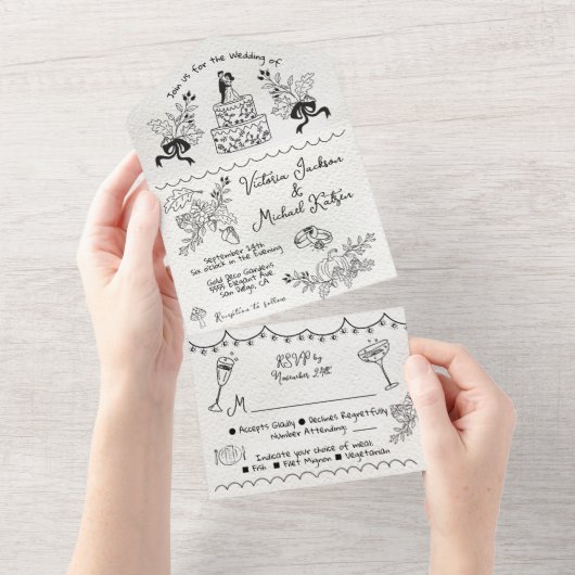 手描きファンキー秋結婚ドードル オールインワン招待状 (貼ってはがせる)