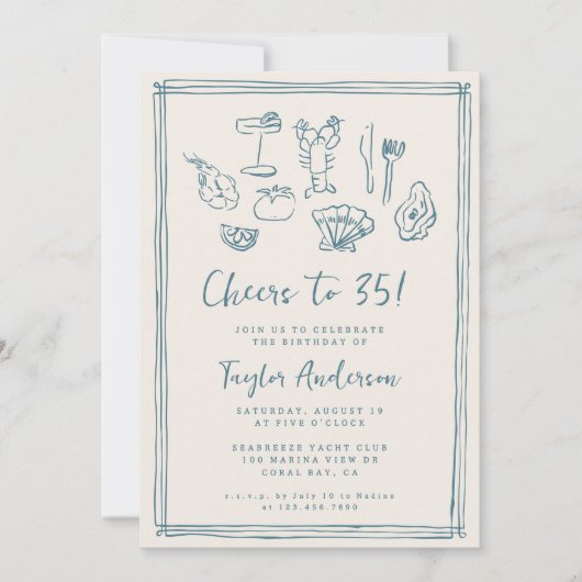 手描きファンキー航海のビーチ35誕生日 招待状 (正面)