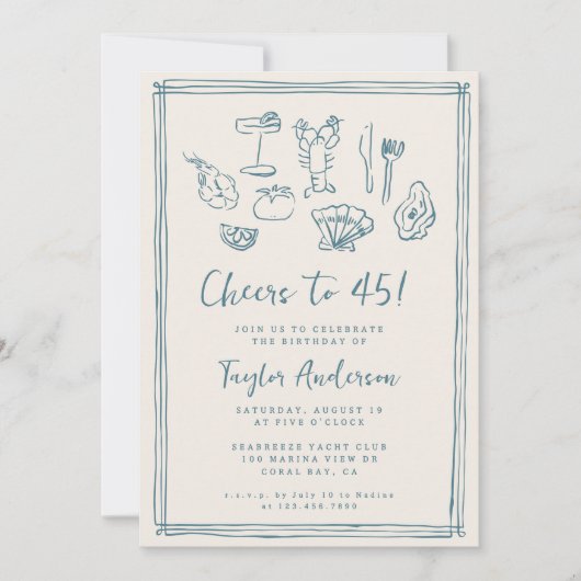 手描きファンキー航海のビーチ45誕生日 招待状 (正面)