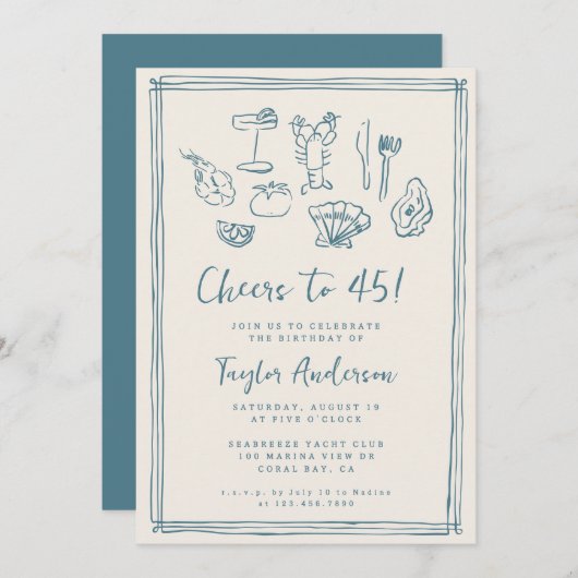 手描きファンキー航海のビーチ45誕生日 招待状 (正面/裏面)