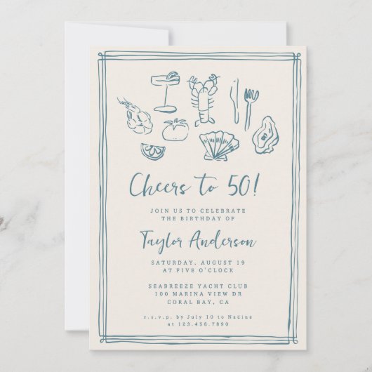 手描きファンキー航海のビーチ50誕生日 招待状 (正面)
