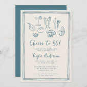 手描きファンキー航海のビーチ50誕生日 招待状 (正面/裏面)