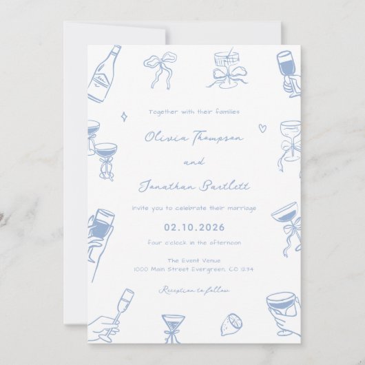 手描きフォトダスティブルー結婚ズ 招待状 (正面)