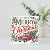 手描きフォントのクリスマス 赤いトラックの写真 カード (スタンド正面)