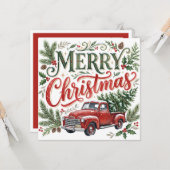 手描きフォントのクリスマス 赤いトラックの写真 カード (正面/裏面インサイチュ)