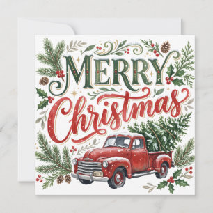 手描きフォントのクリスマス 赤いトラックの写真 カード