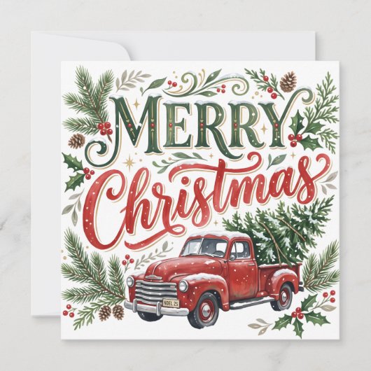 手描きフォントのクリスマス 赤いトラックの写真 カード (正面)