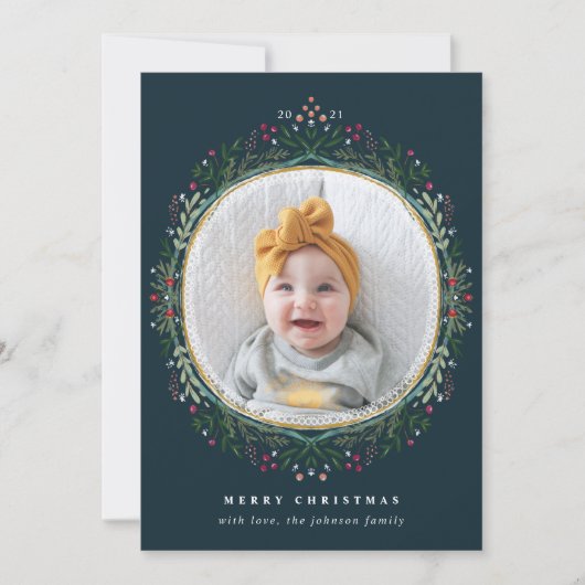 手描きフォークワイルドフラワーリースクリスマスフォト シーズンカード (正面)