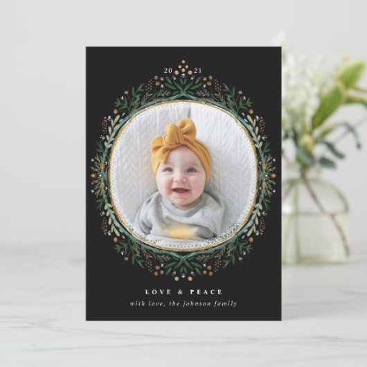 手描きフォークワイルドフラワーリースホリデーフォト シーズンカード (スタンド正面)