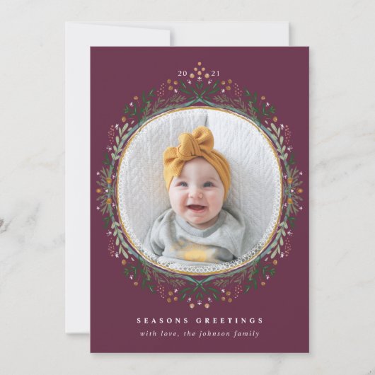 手描きフォークワイルドフラワーリースホリデーフォト シーズンカード (正面)