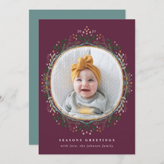 手描きフォークワイルドフラワーリースホリデーフォト シーズンカード (正面/裏面)