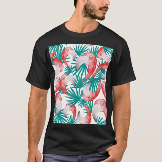手描きフラミンゴ:水色のシームレスなパターン。 Tシャツ (正面)