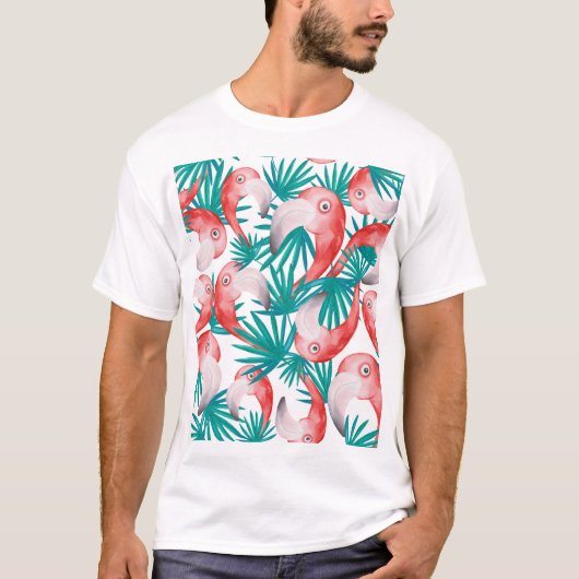 手描きフラミンゴ：水色のシームレスなパターン。 Tシャツ (正面)