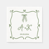 手描きフランスのグリーン結婚モノグラム スタンダードカクテルナプキン (正面)