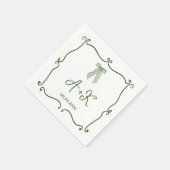 手描きフランスのグリーン結婚モノグラム スタンダードカクテルナプキン (角)