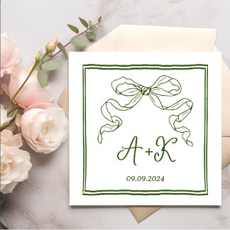手描きフランスのグリーン結婚モノグラム スタンダードカクテルナプキン