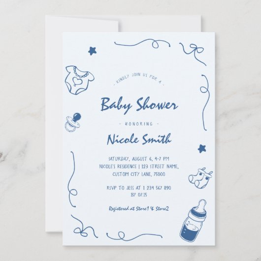 手描きフランスのドードルおもしろいスクライブラブルベビーシャワー 招待状 (正面)