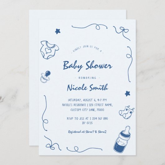 手描きフランスのドードルおもしろいスクライブラブルベビーシャワー 招待状 (正面/裏面)