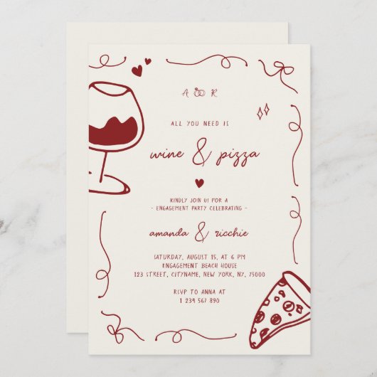 手描きフランスのワイン&ピザ婚約パーティ 招待状 (正面/裏面)