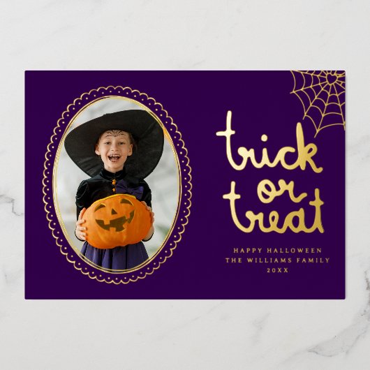 手描きフレームのハロウィン写真カード - トリックオアトリート 箔シーズンカード (正面)