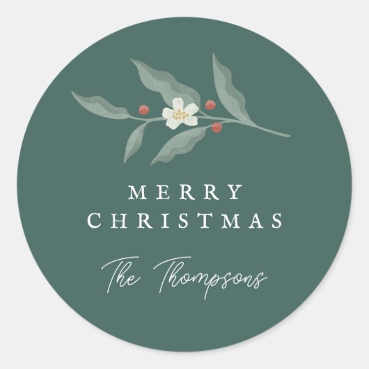 手描きフローラグリーンクリスマスギフトラベル ラウンドシール (正面)